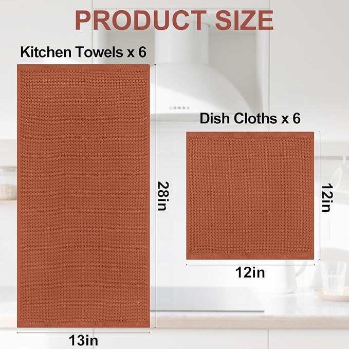 Homaxy 12 Pack 100% Cotton Kitchen Towels and Dishcloths Set, Rust | 12 x 12 Inches and 13 x 28 Inches Kitchen Towels Set, Ultra Soft Absorbent Dish Cloths for Washing Dishes