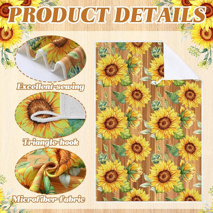 4 Pcs Sunflower Kitchen Towels Gifts Floral Hand Dish Towels | Absorbent Farmhouse Wood Grain Fast Drying Decor Housewarming Gift for Cooking Bathroom Kitchen Decor