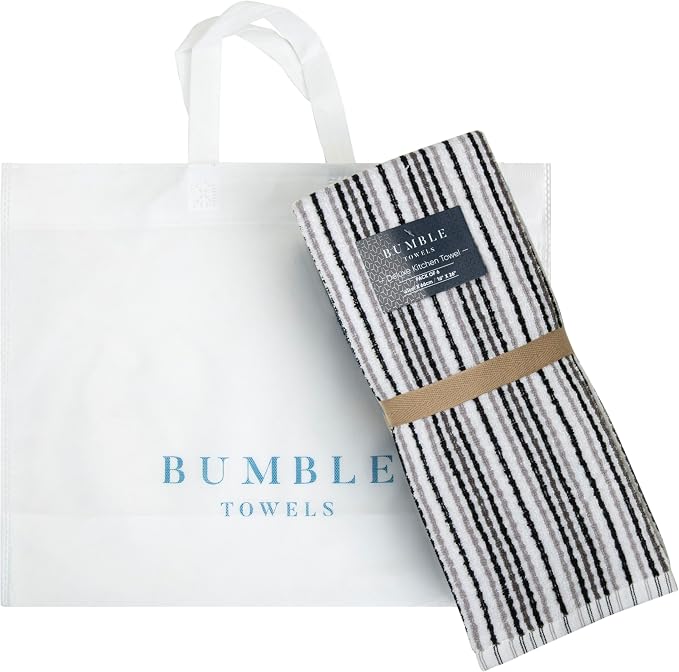 Bumble Kitchen Towels 6 Pack 100% Cotton 16"x26" - Black | 430 GSM Soft Kitchen Hand Towels with Hanging Loop, Highly Absorbent & Durable for Washing and Drying Dishes