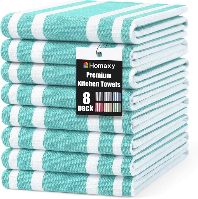 Homaxy Premium Cotton Stripe Kitchen Towels 8 Pack, 18"x 28", Teal | Large 380 GSM Kitchen Hand Towels, Soft Terry Dish Towels, Highly Absorbent Tea Towel Set with Hanging Loop
