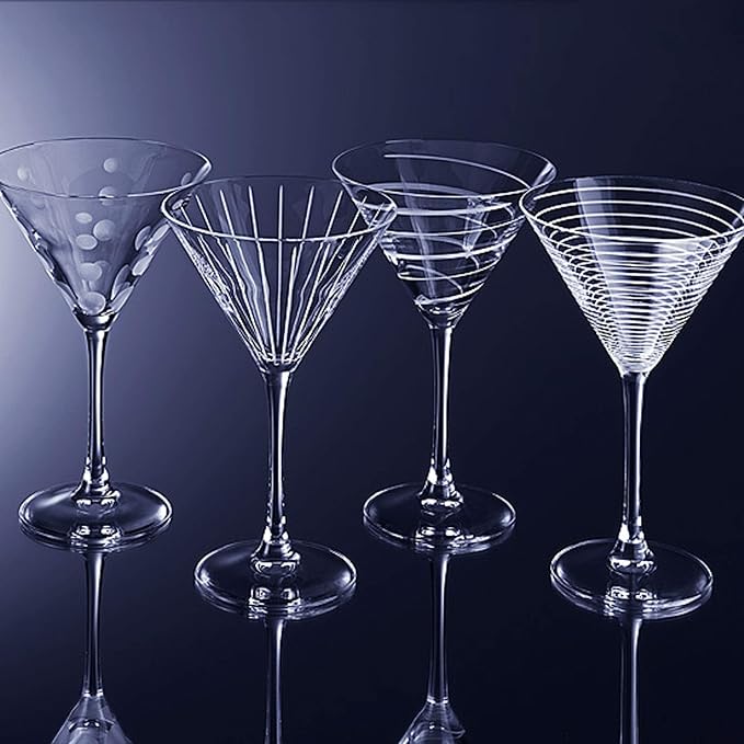 Mikasa Cheers 10-Ounce Martini Glasses, Fun Etched Designs, Durable Clear Glass Cocktail Glassware, Set of 4, Perfect for Entertaining and Gifting