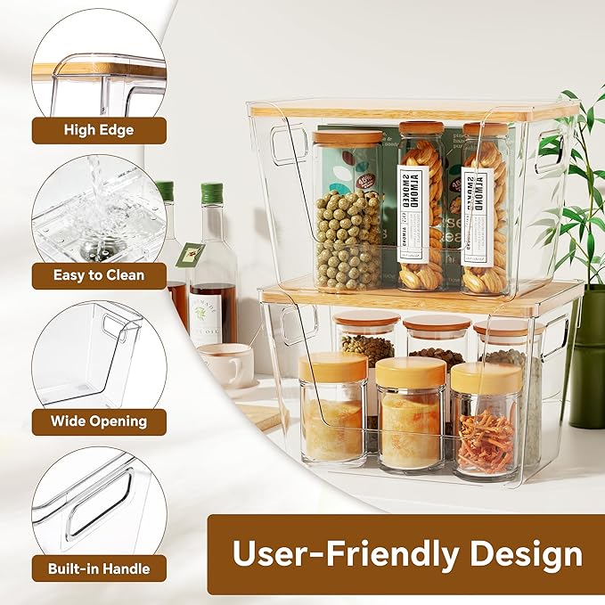4 Set Pantry Organizers and Storage with Bamboo Lids, Stackable Clear Bins for Onion, Potato, Fruit, Vegetables, Trash Bag Dispenser, Kitchen and Under Sink Organizer