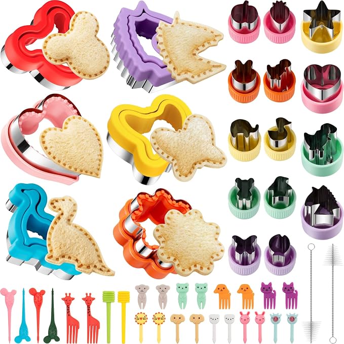 48Pcs Sandwich Cutters & Sealers for Kids Lunch, Cookie Fruit Shape Cutters | Uncrustable Sandwich Maker Vegetable Food Cutter Shapes for Toddlers, Lunch & Bento Box Accessories w/ Heart Dinosaur Unicorn