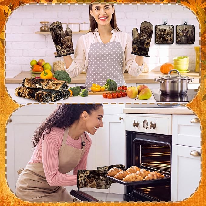 Fanfanwin 10 Pcs Fall Pumpkin Kitchen Decor Set Kitchen Towels Pot Holders Oven Mitts and Rugs Set Thanksgiving Towels for Baking Cooking BBQ Autumn Home (Brown,Cow Sunflower)