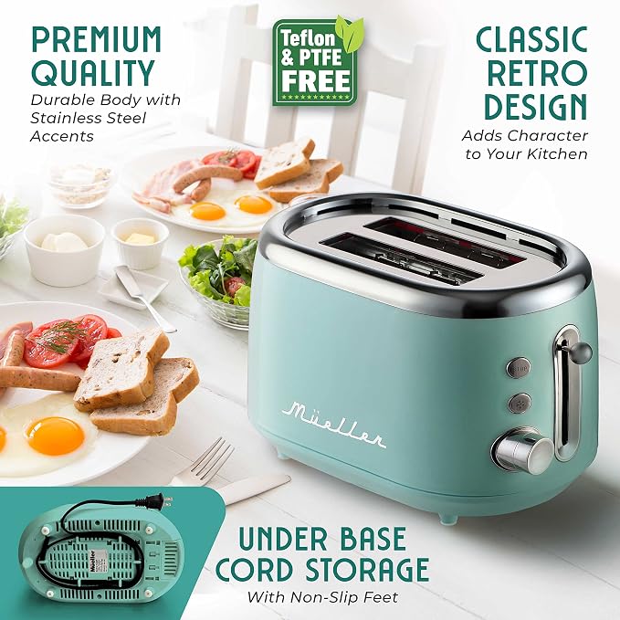 MUELLER HOME Retro Toaster 2 Slice, 7 Browning Levels | 3 Functions (Reheat, Defrost, Cancel), Stainless Steel Features, Removable Crumb Tray, Under Base Cord Storage, Turquoise