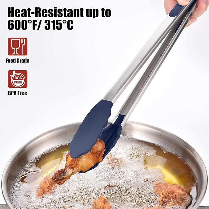 Doosu Kitchen Tongs with Silicone Tips for Cooking Serving (16in, Navy) | 600°F Heat Resistant Food Tong, Heavy Duty Stainless Steel Locking Tong for BBQ, Grilling Steak, Salad, Toast, Pasta