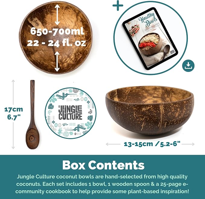 Jungle Culture 1 Coconut Bowl & Spoon with FREE eBook • Wooden Bowls • Salad Serving Bowl • Acai Smoothies Pasta Cereal • Cute Vegan Gift Ideas • Eco Friendly Coconut Shell Bowls