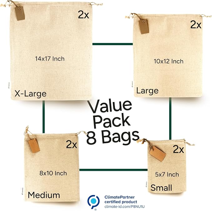 Muslin Cloth Bags with Drawstrings - Set of 8 (S, M, L, XL) - Reusable Natural Cotton Bags for Bulk Food Storage - Canvas Fabric Sachets