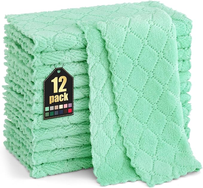 Homaxy 12 Pack Super Soft & Absorbent Dish Cloths, 10" x 10", Green | Coral Velvet, Nonstick Oil Fast Drying Microfiber Cleaning Cloth, No Lint Household Dishcloths
