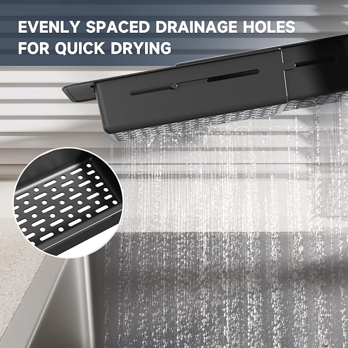 NiHome Extendable Kitchen Sink Caddy Extra Long Brush Sponge Storage Holder | Expandable Kitchen In Sink Organizer Extra Long for Brush & Sponge with Drainage, Adjustable Length, Non-Slip Pads (Black)