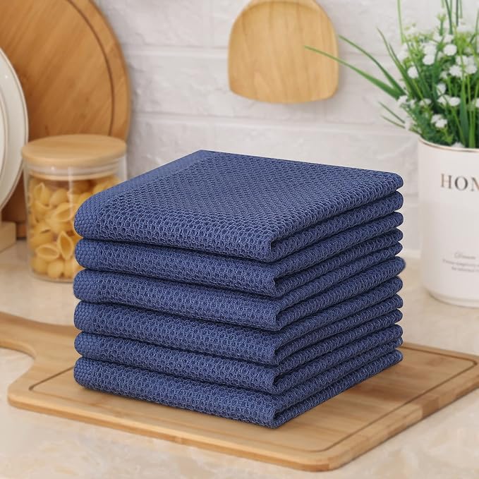 Kitinjoy 100% Cotton Waffle 6-Pack Kitchen Towels, 12" x 12", Navy Blue | Ultra Absorbent, Super Soft, lightweight, Quick Drying Dish Rags for Washing Dishes