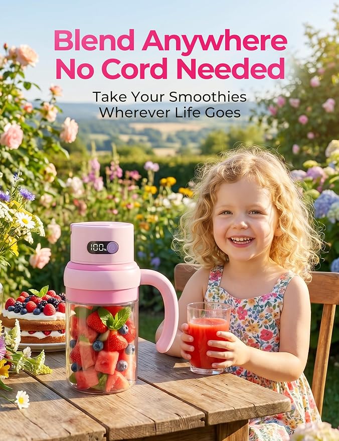 Portable Juicer Blender Cup, USB-C Rechargeable, Pink | LED display, cordless use and dual lids for fruit drinks, protein shakes and small ice cubes; 500ml max blending.