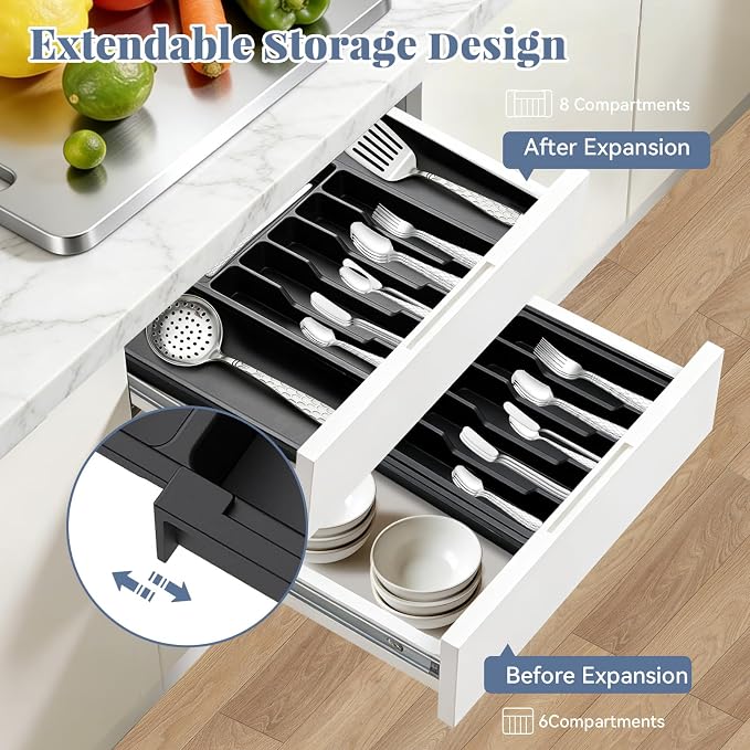 30 Pieces Silverware Set with Organizer, Silvery Stainless Steel Cutlery Set Flatware Set for 6 Person, Tableware Set Includes Knives Forks Spoons Teaspoons Butter Knives (Silvery-30PCS)
