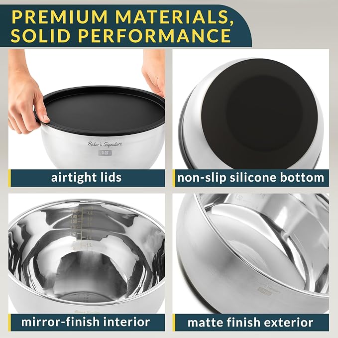 Stainless Steel Mixing Bowls with Lids Set of 5, 3 Graters, Black | Nesting Design with Airtight Covers & Non-Slip Base – Mirror Finish for Food Prep, Storage, Baking & Serving