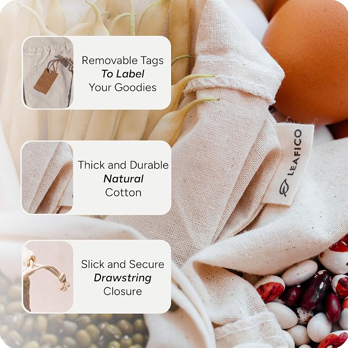 Organic Cotton Produce Bags - Medium 8x10 Inch (12 Bags) - Reusable Muslin Storage Bags with Drawstrings - Biodegradable Canvas Fabric - Perfect for Snacks, Clothes