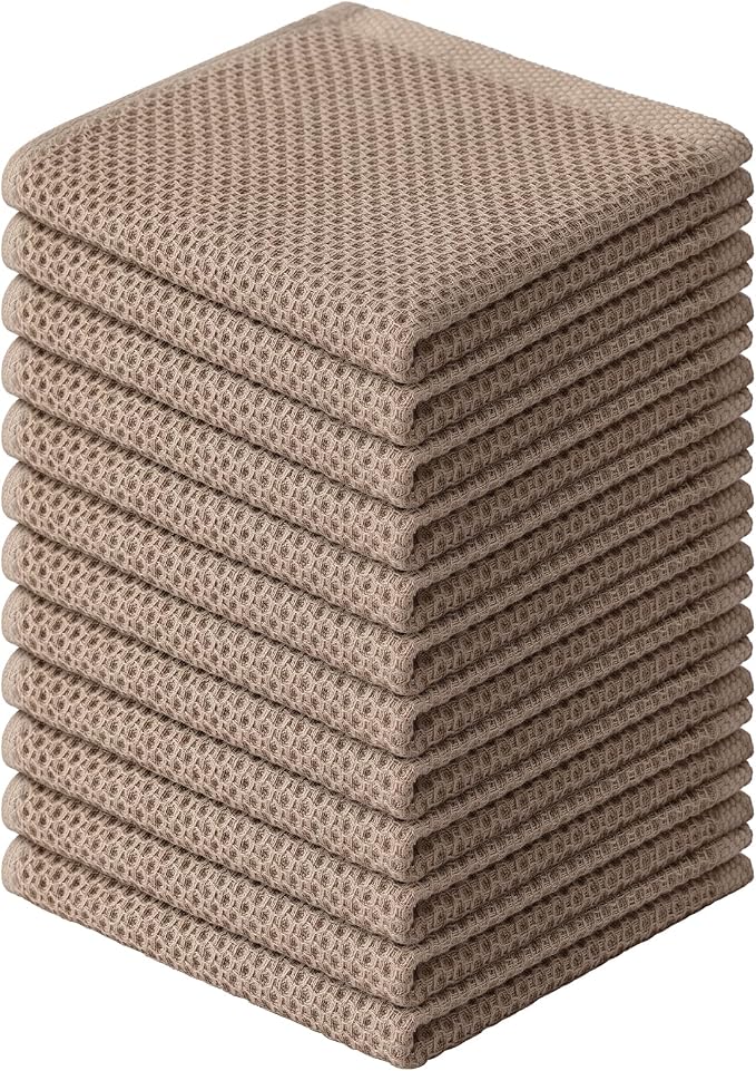 Kitinjoy 100% Cotton Waffle 12-Pack Kitchen Towels, 12" x 12", Tan | Ultra Absorbent, Super Soft, lightweight, Quick Drying Dish Rags for Washing Dishes