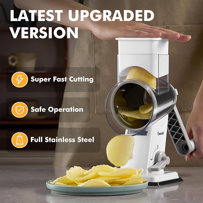 Geedel Upgraded Rotary Cheese Grater Hand Crank, Vegetable Shredder Slicer | 4 Blades, Stronger Suction Base, Wider Chute, 18x Faster Cutting, No BPA, Stainless Steel, for Cheese, Veggies, Nut