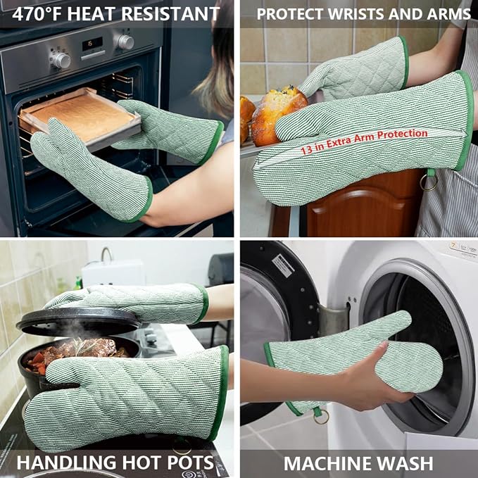 Yarn Dyed Oven Mitts 1 Pair, 100% Cotton Heat Resistant 470 Degree | Oven Gloves for Men Women Cooking Baking Barbecue BBQ Microwave Crafting Machine Washable Pot Holders Mittens (Green 2)