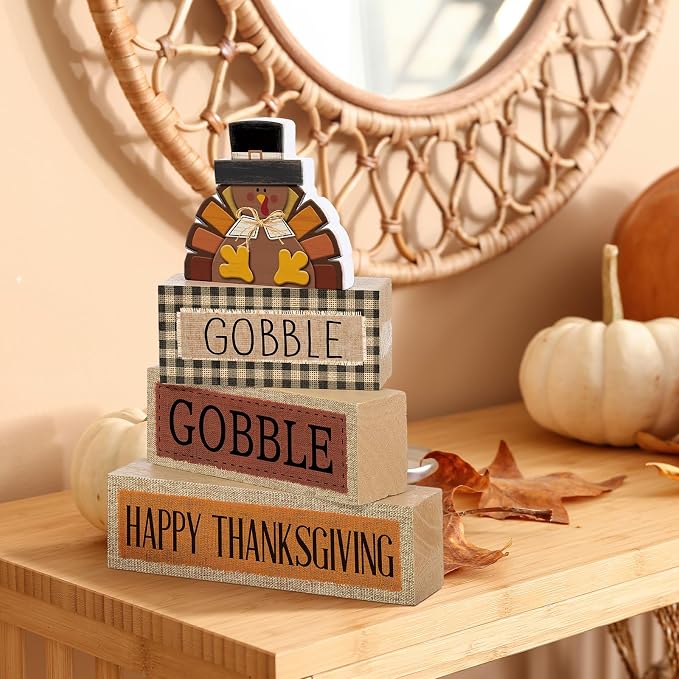 Lineshading 4 Pcs Fall Table Decorations Wooden Thanksgiving Turkey Decor | Turkey Tiered Tray Decor for Fall, Wooden Stacked Signs with Happy Thanksgiving Sayings, Rustic Autumn Tabletop Accents