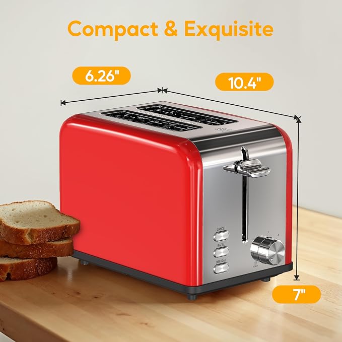 HealSmart 2-Slice Stainless Steel Toaster, 6 Browning Setting and 3 Function Toaster, Extra Wide Slot & Removable Crumb Tray, for Bread & Waffle, Red