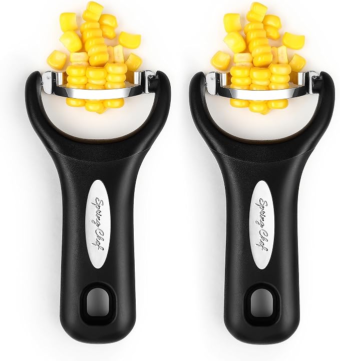 Spring Chef Stainless Steel Corn Peeler, Corn on the Cob Stripper Tool, 2Pk | Durable Corn Kernel Remover Tool with Ergonomic Handle – Easy to Use Kernel Cutter - Dishwasher Safe Corn Cutter, Black