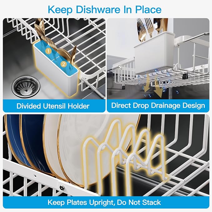 JASIWAY White Dish Drying Rack Over the Sink with Utensil Holder | Expandable Stainless Steel Dish Driainers for Small Kitchen, Counter Space Saving, Fast Drain, Rust Resistant, For Apartment