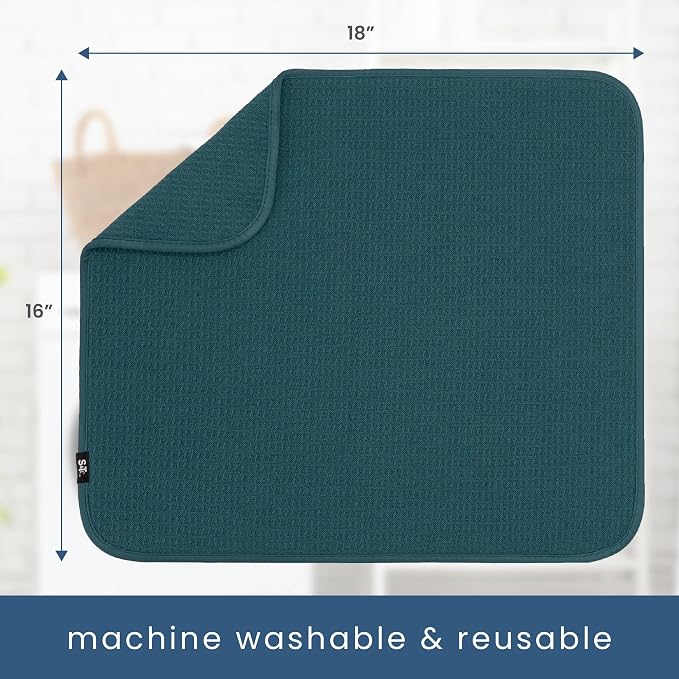 S&T INC. Dish Drying Mat, 16" x 18", Large, Tapestry Blue | Absorbent Microfiber, Kitchen Counter Mat for Dishes, Utensils, Pots and Pans, Machine Washable