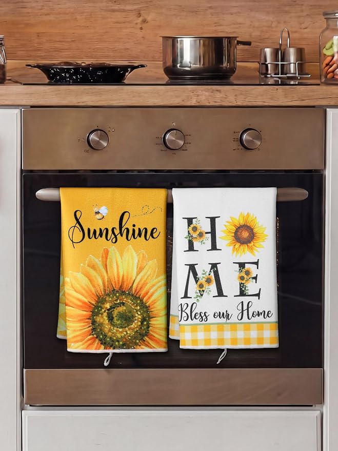 4 Pcs Sunflower Kitchen Towels Yellow and White Hand Dish Towels | Absorbent Sunshine Grid Fast Drying Decor Housewarming Gift for Cooking Bathroom Kitchen Decor