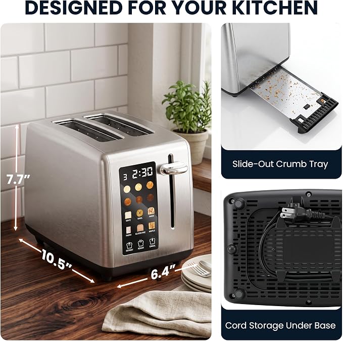 Elite Gourmet 2-Slice Toaster, Digital Countdown, Stainless Steel | One-Touch Presets, Defrost, Reheat & Cancel, Extra-Wide Slots Fit Bagels & Thick Bread