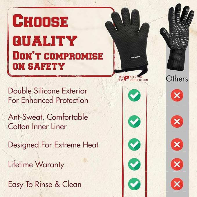 KITCHEN PERFECTION XL Silicone Griddle Gloves - Heat Resistant Oven Mitts | Waterproof, 5-Finger Design For A Better Grip, Best Griddle Grilling Accessories, Compatible with Blackstone, Weber & More
