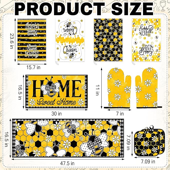10 Pcs Kitchen Decor and Accessories Set, Bee Farmhouse | Honey Daisy Summer 4 Dish Towels Kitchen Rugs 2 Oven Mitts 2 Pot Holders, Home Decor for Cooking Baking BBQ Housewarming