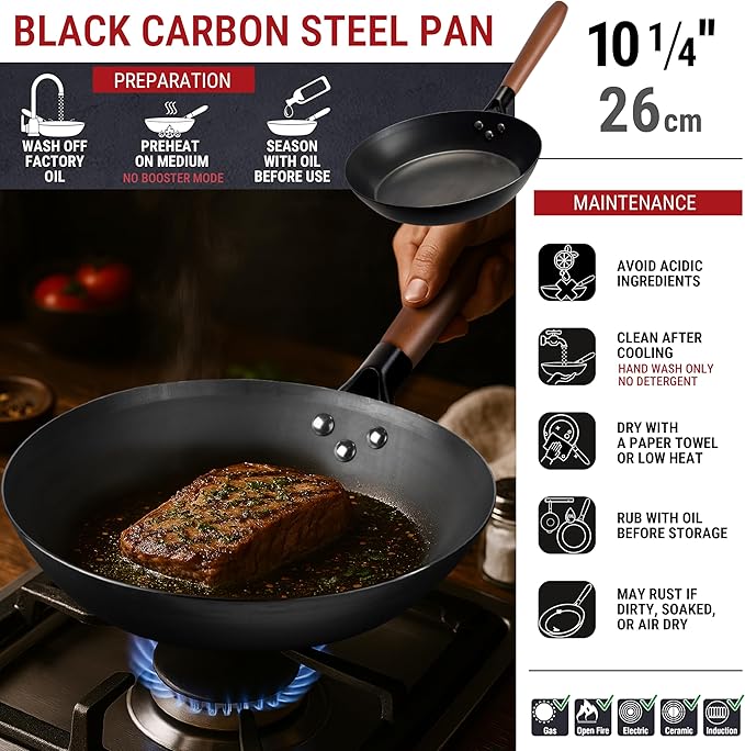 YOSUKATA 10 1/4" Carbon Steel Frying Pan – Non-Toxic Pre-Seasoned Skillet with Removable Wooden Handle – Coating-Free Wok-Style Pan for Gas, Induction, Electric, Oven & Grill BBQ