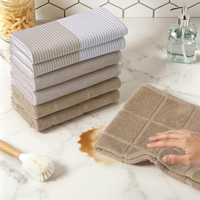 Homaxy 3 Pack Cotton Terry Premium Kitchen Towels, 18 x 28 in, Khaki | Large 380 GSM Dish Towels, Highly Absorben Flat & Terry Kitchen Hand Towels, Soft Utility Tea Towel Set with Hanging Loop
