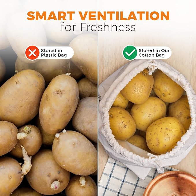 3-Pack Cotton Storage Bags for Potato, Onion & Garlic – Reusable Drawstring Produce Bags – Breathable, Eco-Friendly, Washable – 2 Large (40×30 cm) + 1 Small (25×20 cm)