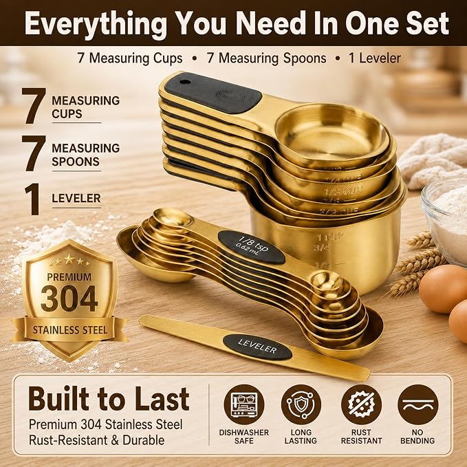 Stainless Steel Magnetic Measuring Cups and Spoons Set of 15 | Double Sided for Dry and Liquid Ingredients, BPA Free, Rust Resistant,Dishwasher Safe with Leveler for Baking and Cooking