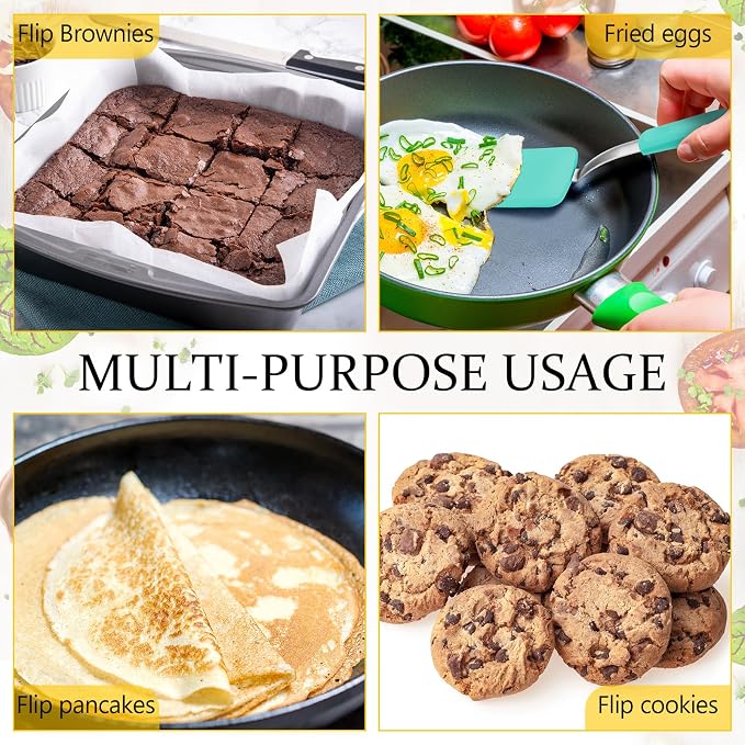 Silicone Cookie Spatula Turner 2 Pack Mini Brownie Spatula Flexible Kitchen Small Silicone Turner for Nonstick Cookware Heat Resistant No Scratch Flipper for Egg(Solid Flat,Green)