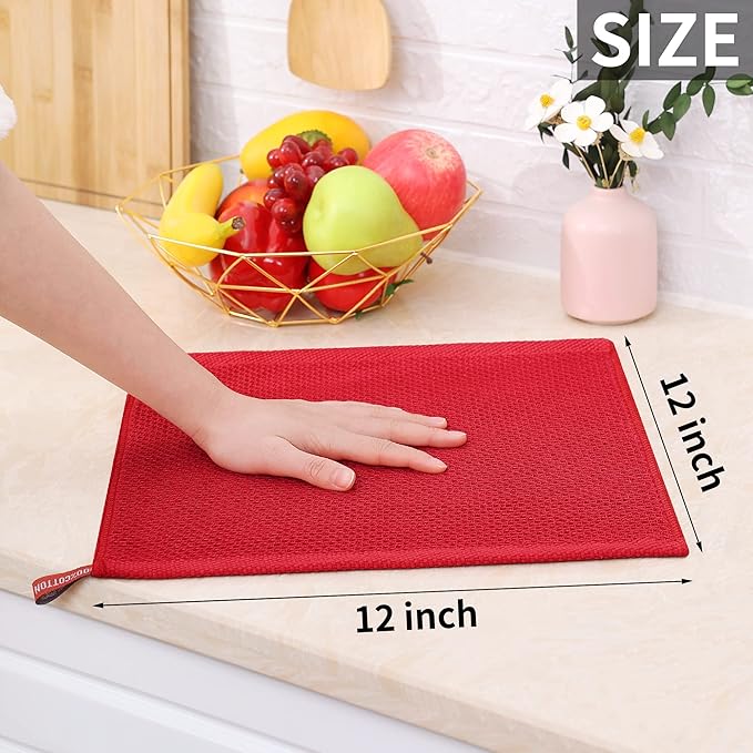 Homaxy 100% Cotton Waffle Weave Kitchen Dish Cloths 6-Pack, Red | 12 x 12 Inches, Ultra Soft Absorbent Dish Towels, Quick Drying Dish Rags with Hanging Loop