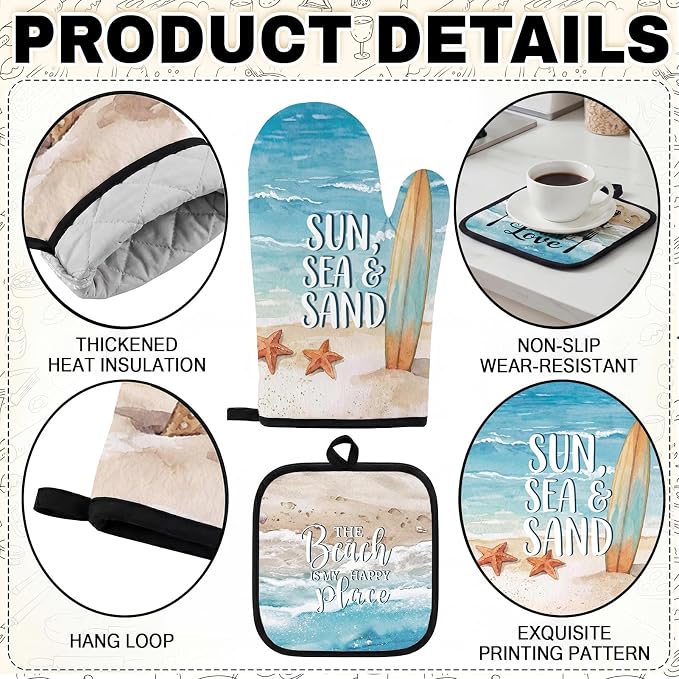 10 Pcs Kitchen Decor and Accessories Set, Beach Coastal | Ocean Summer 4 Dish Towels Kitchen Rugs 2 Oven Mitts 2 Pot Holders, Home Decor for Cooking Baking BBQ Housewarming