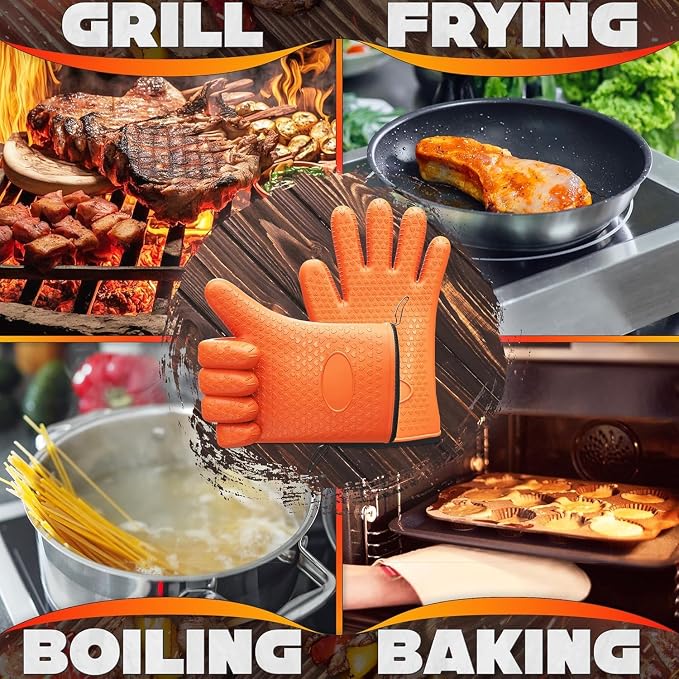 Silicone Grill Gloves for Cooking, Non-Slip and Heat Resistant Material | 11x5.3" Silicone BBQ Gloves with Cotton Lining; Waterproof; Suitable for Grilling, BBQ, Smoker, Handling Hot Pots and Pans