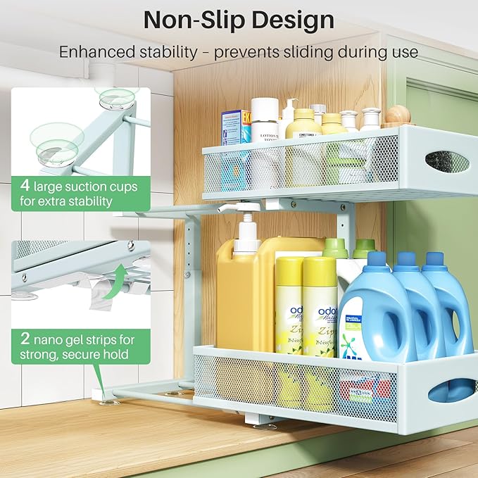 2 Pack Under Sink Organizer, 2 Tier Pull out Cabinet Organizer Mesh Baskets with 5 Adjustable Heights, Sliding Drawers Storage Shelf for Home, Kitchen, Bathroom, Pantry, Office, Countertop ,Blue