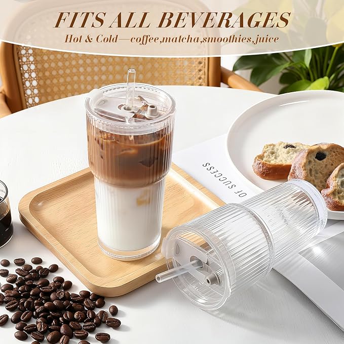 Iced Coffee Cups with Lids 2Pcs: Ribbed Glass Tumbler with Straw and Lid 20oz - Vintage Glass Cups with Lids and Straws - Tumbler Leak Proof Aesthetic Drinking for Coffee Bar Accessories