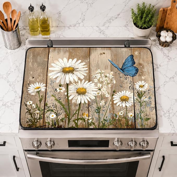 Electric Stove Top Cover for Glass Top, Daisy Butterfly Floral – Heat Resistant Flat Stove Top Covers, Decorative Scratch Protector Mat for Glass Ceramic Cooktop, Non-Slip, 28"x20"