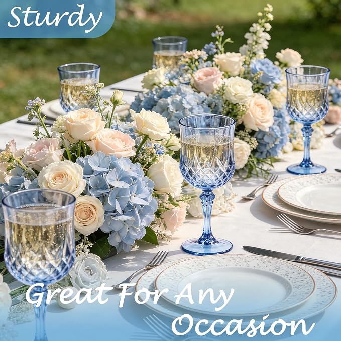 48Pack Plastic Wine Glasses, 7oz Vintage Goblets for Wedding | Unbreakable Crystal Style Reusable Stemware, Elegant Blue Drinking Glass for Party Anniversary & Holiday Celebration
