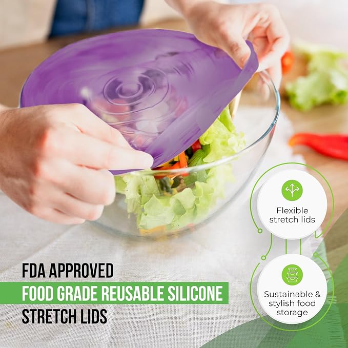 Reusable Silicone Stretch Lids for Food Storage in Fridge - Elastic Heat-Resistant Bowl Covers, Cups, Cans, Jars - Universal Food Grade Lid for Containers - 7 Pack - Purple Stretchy Lid Set