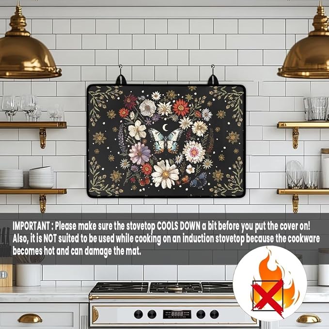 Butterfly Daisy Floral Plant Moon Print Electric Stove Top Cover 29.18 x 20.96 inch Silicone Cooktop Cover with Lanyards Coffee Machine Mat Stove Protector for Glass Top Stove