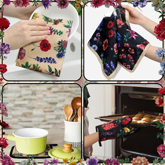 Bencailor 6 Pcs Vintage Wildflower Kitchen Towels Oven Mitts and Pot Holders Set Decorative Dish Towels Tea Washcloth Non Slip Heat Resistant Oven Gloves for Summer Home Cooking Baking, Cute Color