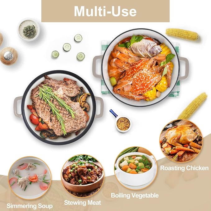 TeamFar 5qt Dutch Oven, Pre-seasoned Cast Iron for Bread Baking, Khaki | 2-in-1 Bread Pan with Skillet Lid, Oven & Stovetop Safe for Baking Frying Stewing Grilling, Home Use Or Outdoor Camping