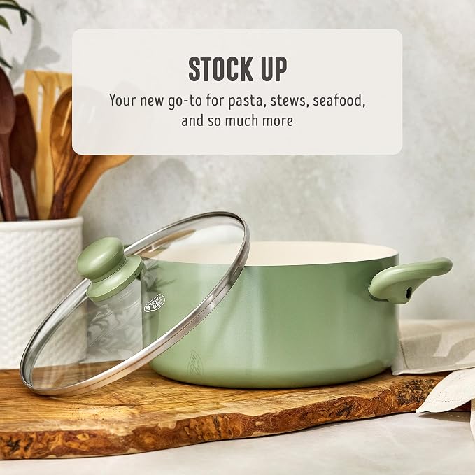 GreenLife 5QT Ceramic Nonstick Stockpot with Lid, Sage Green | PFAS-Free Nonstick Coating, Casserole Pot, Soup Pot, Pasta Pot, Induction Ready, All Stovetop Compatible, Dishwasher Safe