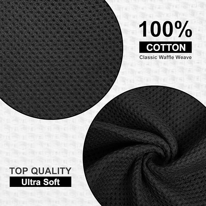 Kitinjoy 100% Cotton Kitchen Dish Cloths, 12 Pack Waffle Weave Ultra Soft Absorbent Dish Towels for Drying Dishes Quick Drying Kitchen Towels Dish Rags, 12 X 12Inch, Black | Ultra Absorbent, Super Soft, lightweight, Quick Drying Dish Rags for Washing D...