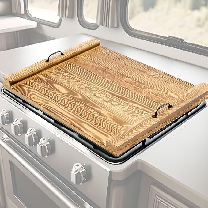 Rv Stove Top Cover Board Wood Noodle Board Camper Stove Top Cover Countertop Cutting with 5 Pcs Adjustable Non-Slip Rubber Feet Leg Juice Groove for Trailer Gas Burner Kitchen(Light Brown)
